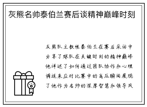 灰熊名帅泰伯兰赛后谈精神巅峰时刻