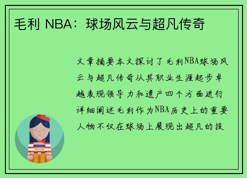 毛利 NBA：球场风云与超凡传奇